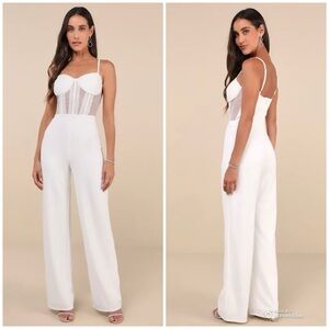 Lulus XL Perfectly Sultry White Sheer Mesh Bustier Wide Leg Jumpsuit NWT FLAWS
